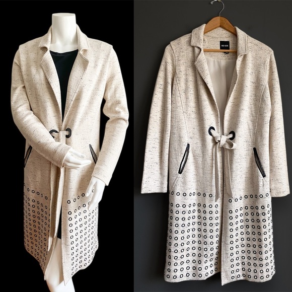 Nic + Zoe Knit Trench Coat Long Jacket Metal Circle Waist Tie Neutral Beige S - Picture 1 of 12